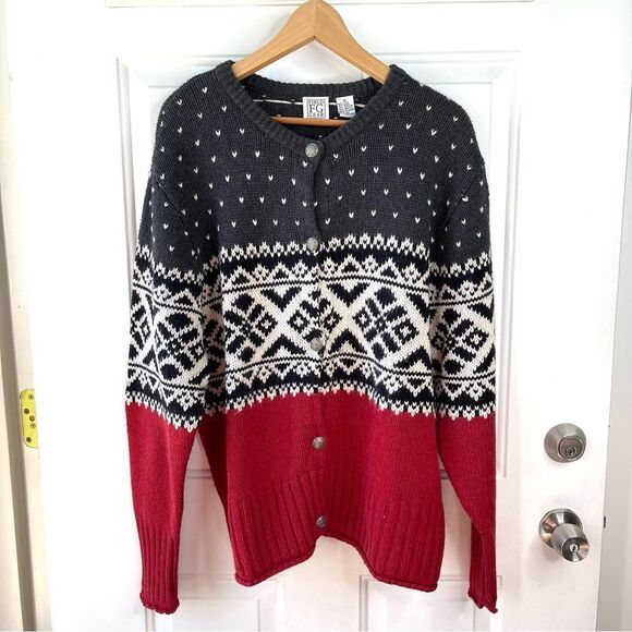 Field Gear Vintage Coastal Button Down Chunky Wool Grey Red Sweater Size XL - Picture 1 of 8